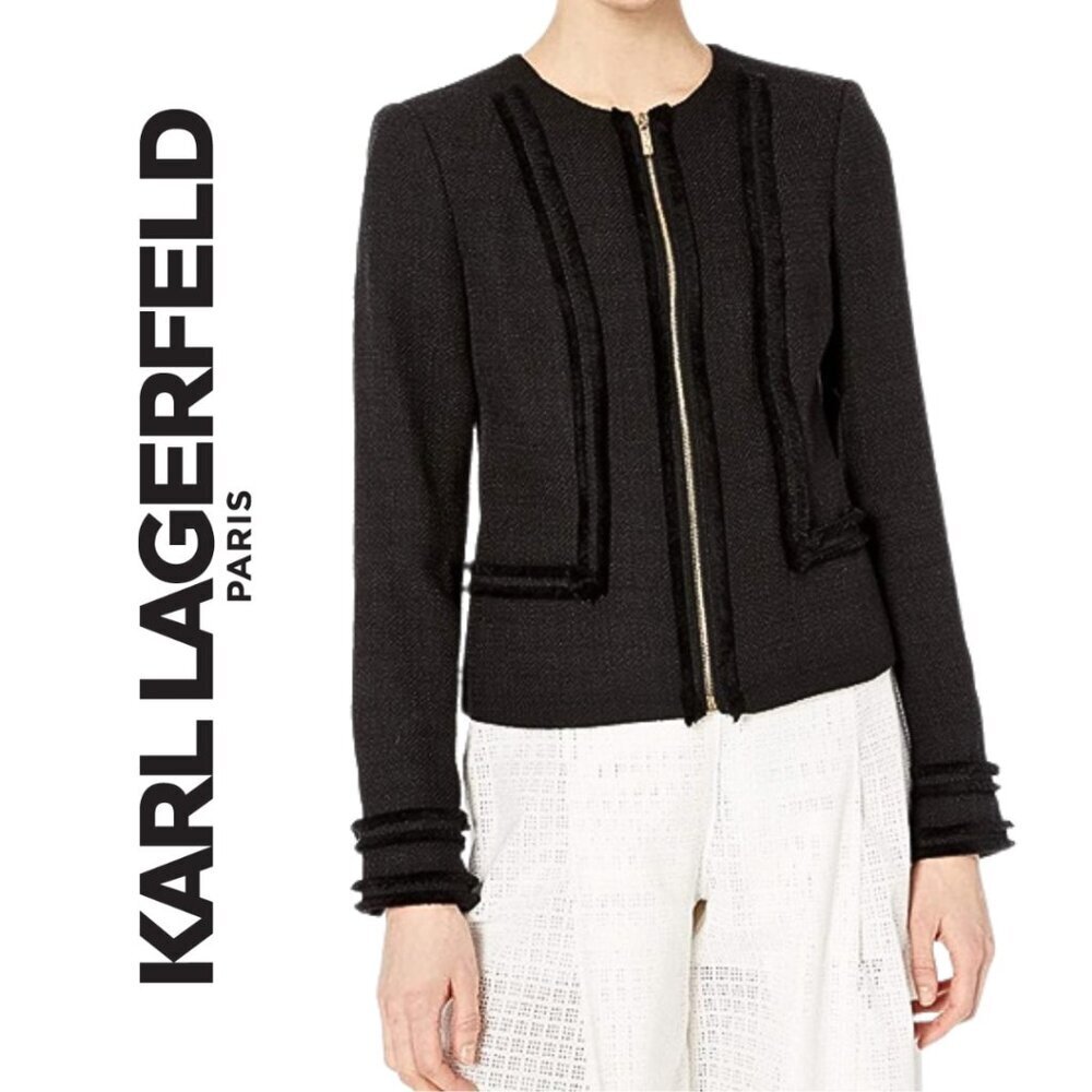 Karl Lagerfeld,‎ Tweed Fringe Zipper Blazer Jacket, Black